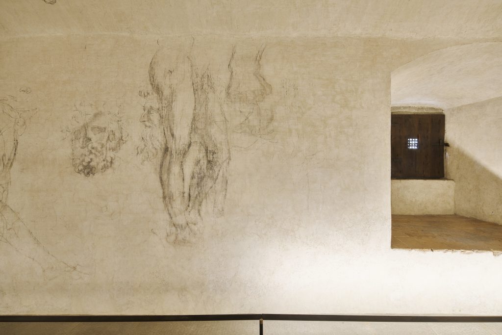 نقاشی‌هایی که گمان می‌رود توسط میکل آنژ در Stanza Segreta یا اتاق مخفی در موزه کلیساهای مدیچی، بخشی از موزه‌های بارژلو و کلیسای سن لورنزو در فلورانس ساخته شده‌اند. عکس از موزه های بارژلو، فلورانس.